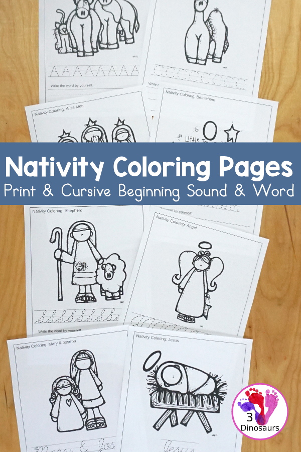 Free Nativity Coloring with Word Print & Cursive  with 9 nativity words and four options for the coloring - 3Dinosaurs.com