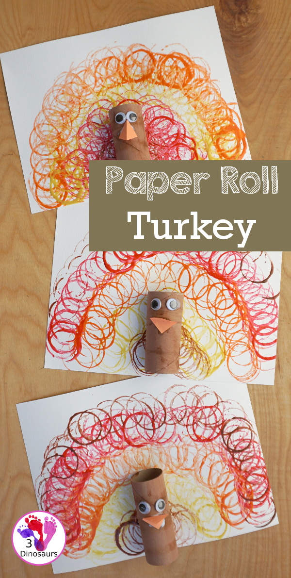 Easy to make Paper Roll Turkey Craft - a fun paper roll stamped turkey for kids to make for Thanksgiving - 3Dinosaurs.com