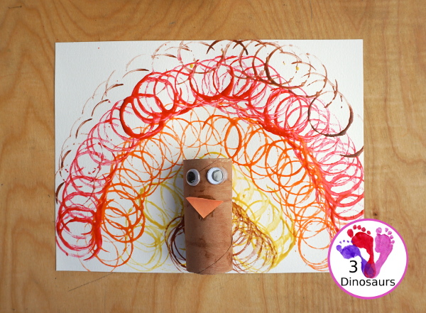 Easy to make Paper Roll Turkey Craft - a fun paper roll stamped turkey for kids to make for Thanksgiving - 3Dinosaurs.com