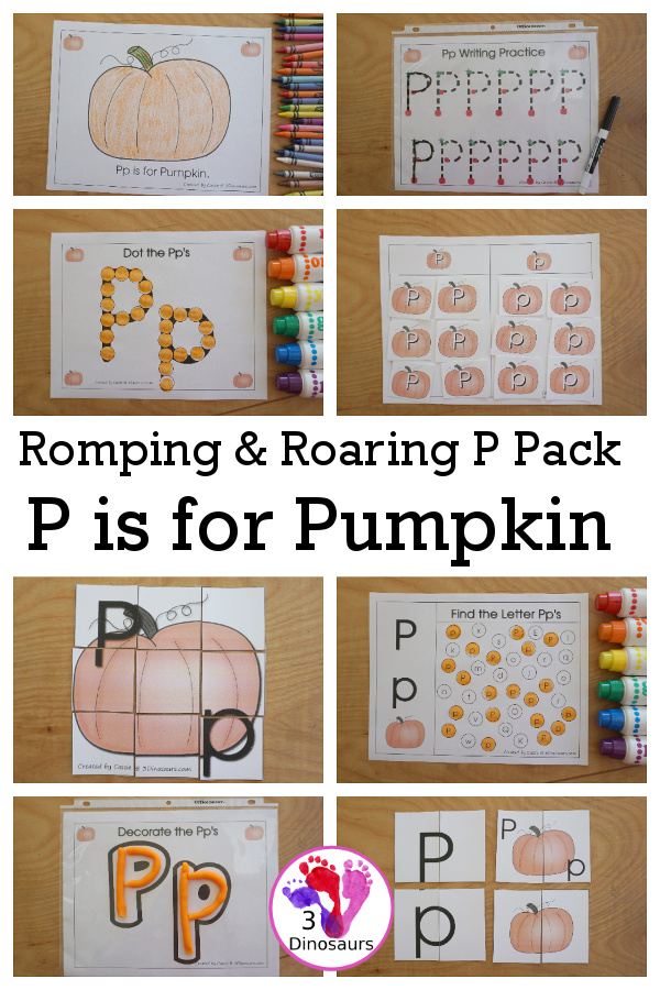 Romping & Roaring P Pack: Letter P is for Pumpkin  - a letter P pack that has prewriting, finding letters, tracing letters, coloring pages, shapes, puzzles and more - 3Dinosaurs.com