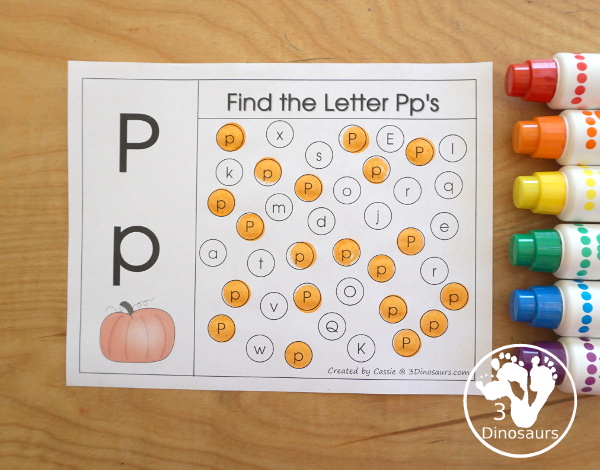 Romping & Roaring P Pack: Letter P is for Pumpkin  - a letter P pack that has prewriting, finding letters, tracing letters, coloring pages, shapes, puzzles and more - 3Dinosaurs.com