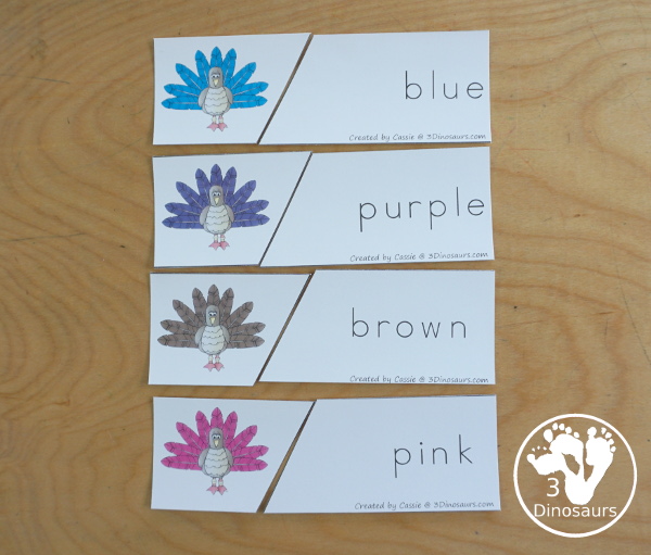 Turkey Color Pack - with 70 pages of printables with color easy reader book, color clip cards, color tracing strips, color writing strips, color pocket chart cards, color word writing, color word puzzles, and more all to work on learning color words. This is a great thanksgiving theme - 3Dinosaurs.com