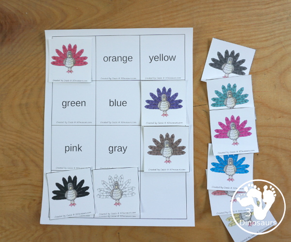 Turkey Color Pack - with 70 pages of printables with color easy reader book, color clip cards, color tracing strips, color writing strips, color pocket chart cards, color word writing, color word puzzles, and more all to work on learning color words. This is a great thanksgiving theme - 3Dinosaurs.com