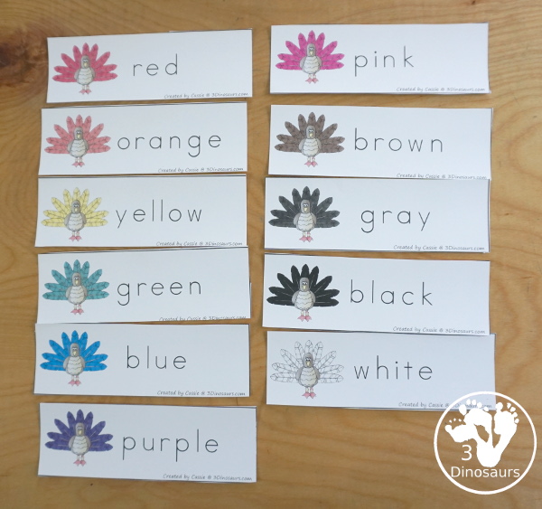 Turkey Color Pack - with 70 pages of printables with color easy reader book, color clip cards, color tracing strips, color writing strips, color pocket chart cards, color word writing, color word puzzles, and more all to work on learning color words. This is a great thanksgiving theme - 3Dinosaurs.com