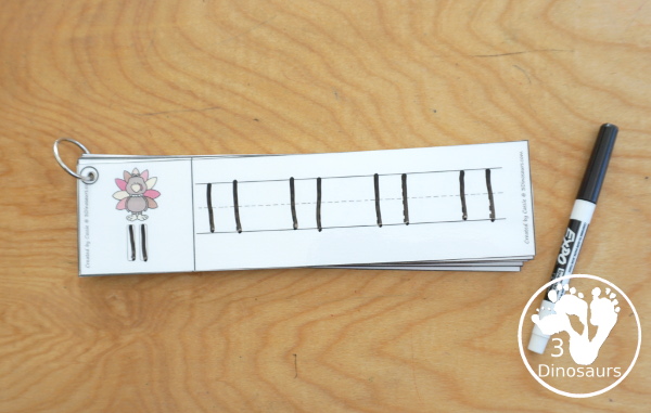 Free Turkey Theme Number Tracing Strips - with numbers 0 to 20 with tracing the number and example of how the number is written with fun turkeys. - 3Dinosaurs.com