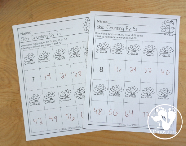 Turkey Skip Counting Activities - with no-prep packs, skip counting mats, skip counting 12 arrow puzzles, and task cards to work on skip counting from 2 to 12 - 3Dinosaurs.com