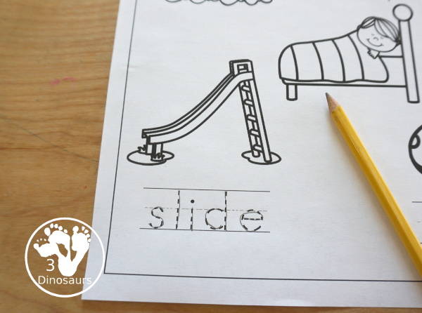 Free Blends Coloring Pages: Sk, Sl, Sm, Sn - you have three words on each page with tracing the blends and the coloring the picture with space to make draw and write their own blend word - 3Dinosaurs.com