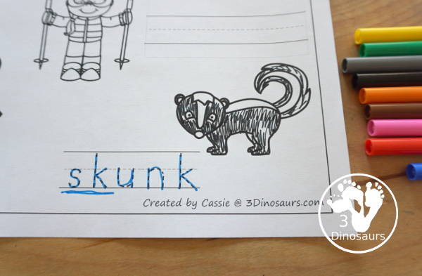Free Blends Coloring Pages: Sk, Sl, Sm, Sn - you have three words on each page with tracing the blends and the coloring the picture with space to make draw and write their own blend word - 3Dinosaurs.com