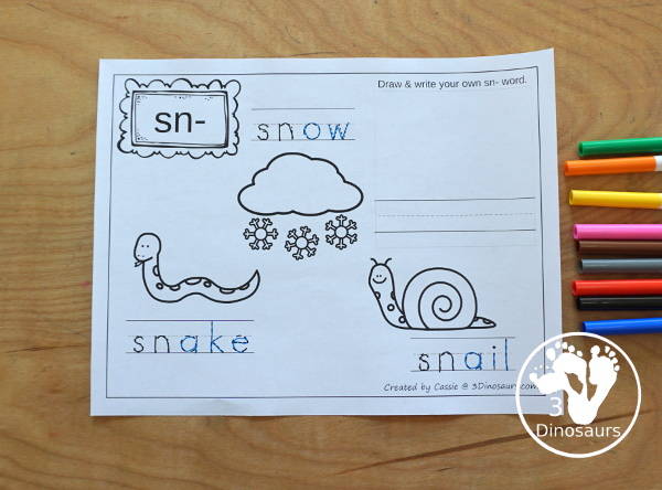 Free Blends Coloring Pages: Sk, Sl, Sm, Sn - you have three words on each page with tracing the blends and the coloring the picture with space to make draw and write their own blend word - 3Dinosaurs.com