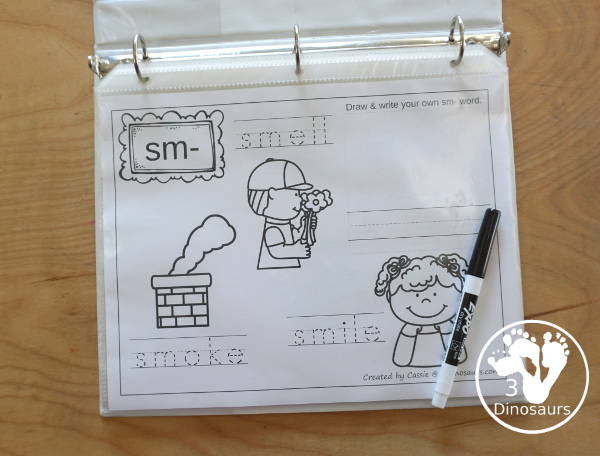Free Blends Coloring Pages: Sk, Sl, Sm, Sn - you have three words on each page with tracing the blends and the coloring the picture with space to make draw and write their own blend word - 3Dinosaurs.com