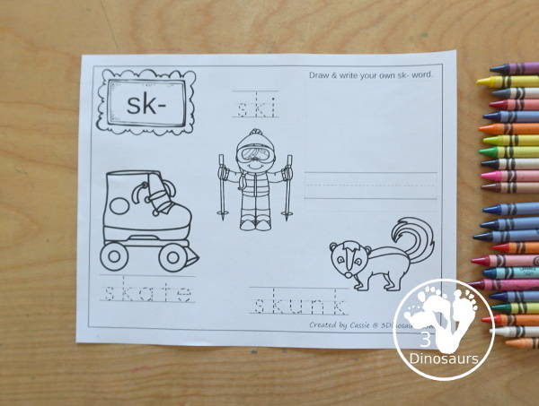 Free Blends Coloring Pages SK - you have three words on each page with tracing the blends and the coloring the picture with space to make draw and write their own blend word - 3Dinosaurs.com