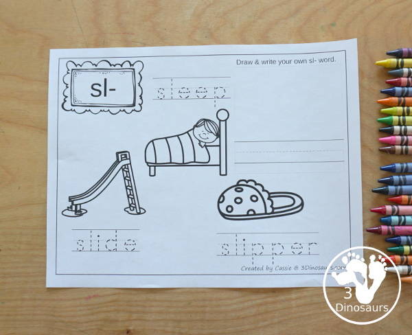 Free Blends Coloring Pages SL - you have three words on each page with tracing the blends and the coloring the picture with space to make draw and write their own blend word - 3Dinosaurs.com