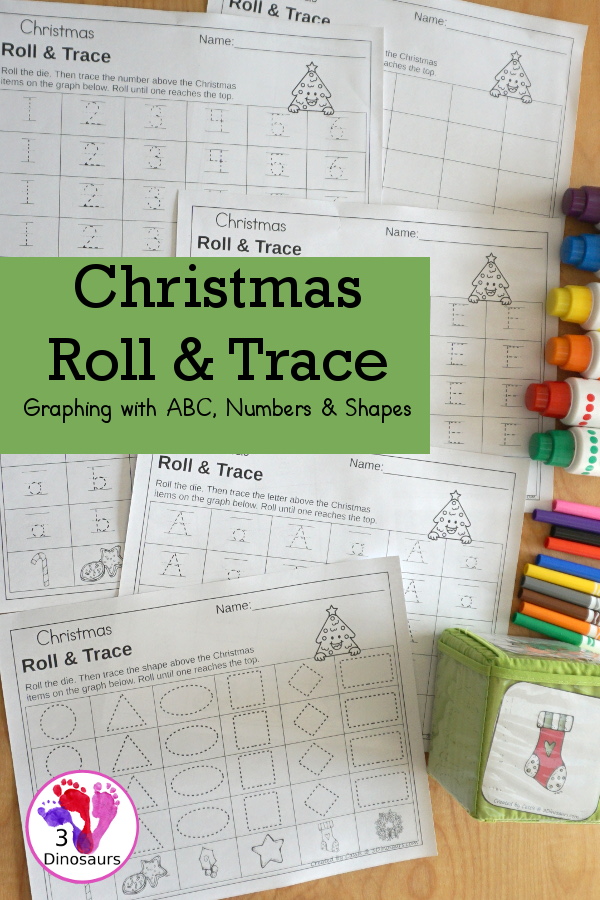 Christmas Roll & Graph With Trace Letters, Numbers & Shapes with a folding die and cube die with a graphing sheet, graphing with tracing numbers, graphing with tracing letters and graphing with tracing shapes. All with a fun holiday theme for Christmas for prek and kindergarten - 3Dinosaurs.com