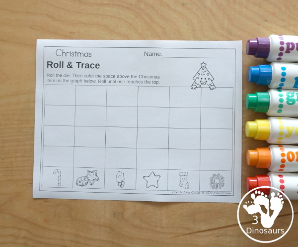 Christmas Roll & Graph With Trace Letters, Numbers & Shapes with a folding die and cube die with a graphing sheet, graphing with tracing numbers, graphing with tracing letters and graphing with tracing shapes. All with a fun holiday theme for Christmas for prek and kindergarten - 3Dinosaurs.com
