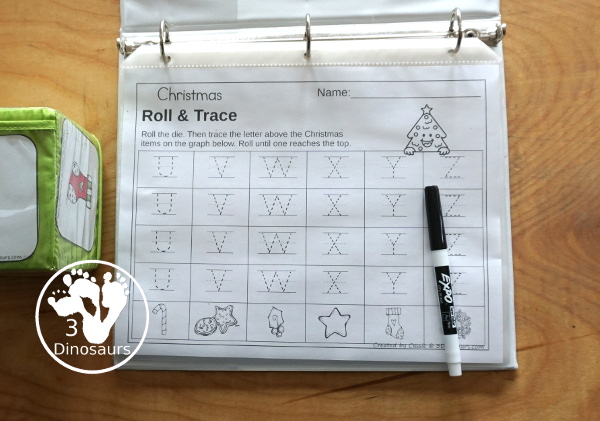 Christmas Roll & Graph With Trace Letters, Numbers & Shapes with a folding die and cube die with a graphing sheet, graphing with tracing numbers, graphing with tracing letters and graphing with tracing shapes. All with a fun holiday theme for Christmas for prek and kindergarten - 3Dinosaurs.com