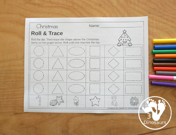 Christmas Roll & Graph With Trace Letters, Numbers & Shapes with a folding die and cube die with a graphing sheet, graphing with tracing numbers, graphing with tracing letters and graphing with tracing shapes. All with a fun holiday theme for Christmas for prek and kindergarten - 3Dinosaurs.com