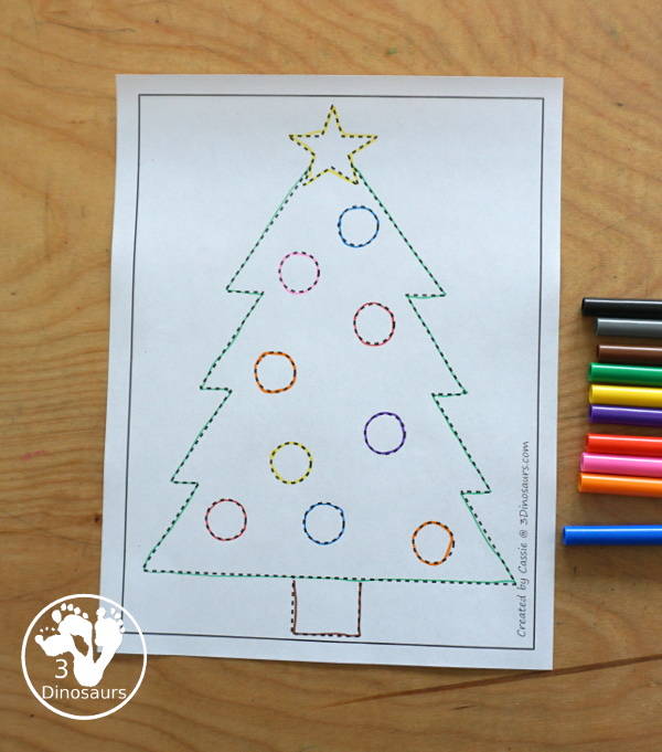 Free Christmas Tree Fine Motor Mat Printable - with Christmas Tree tracing, Christmas Tree mat, Christmas Tree dot marker, Christmas Tree q-tip - with different options for the Christmas Tree - 3Dinosaurs.com