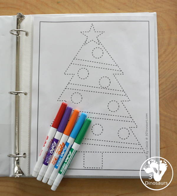 Free Christmas Tree Fine Motor Mat Printable - with Christmas Tree tracing, Christmas Tree mat, Christmas Tree dot marker, Christmas Tree q-tip - with different options for the Christmas Tree - 3Dinosaurs.com