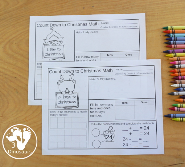Free Count Down to Christmas with Numbers & Math - 24 pages with math on each page with ten frames, tally marks, place value and math facts Christmas - 3Dinosaurs.com