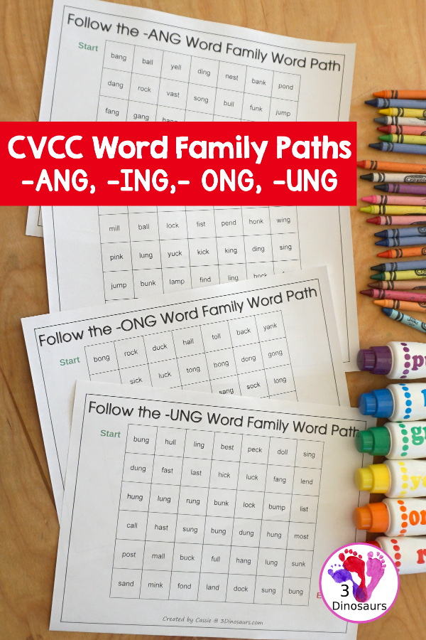 Free CVCC Word Family Word Path: -ANG, -ING, -ONG, - UNG you follow the word ending and read the CVCC words as you go through the word path. These are great CVCC worksheets for kids. - 3Dinosaurs.com