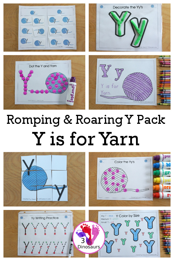 Free Romping & Roaring Y Pack Letter Pack: Y is for yarn - a letter Y pack that has prewriting, finding letters, tracing letters, coloring pages, shapes, puzzles and more - 3Dinosaurs.com