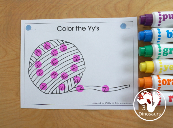Free Romping & Roaring Y Pack Letter Pack: Y is for yarn - a letter Y pack that has prewriting, finding letters, tracing letters, coloring pages, shapes, puzzles and more - 3Dinosaurs.com