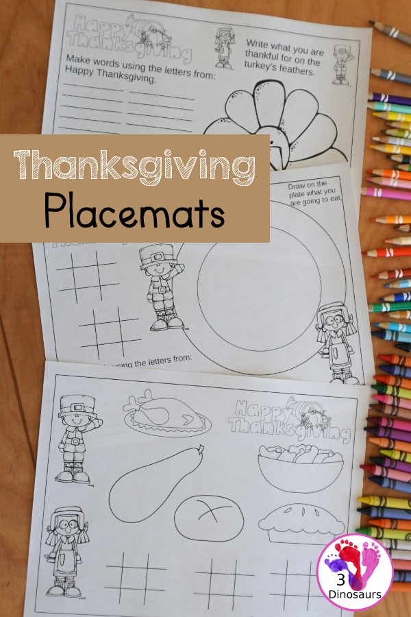 Free Thanksgiving Place Mats Printable - with three different placemats to use for Thanksgiving day. You have two that have mixed activities for older kids and a coloring page for younger kids. - 3Dinosaurs.com