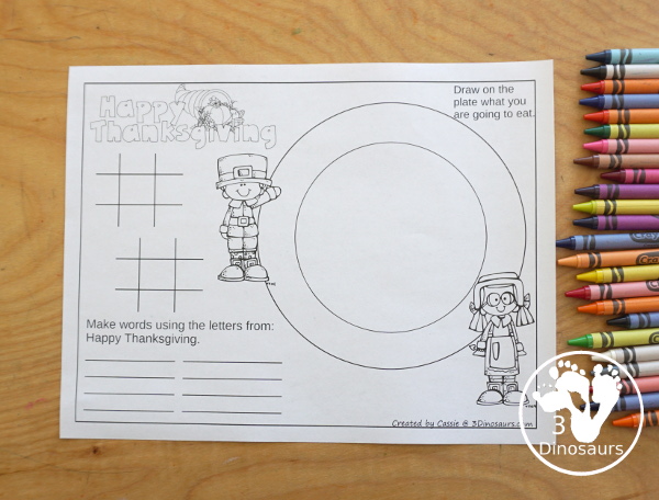 Free Thanksgiving Place Mats Printable - with three different placemats to use for Thanksgiving day. You have two that have mixed activities for older kids and a coloring page for younger kids. - 3Dinosaurs.com