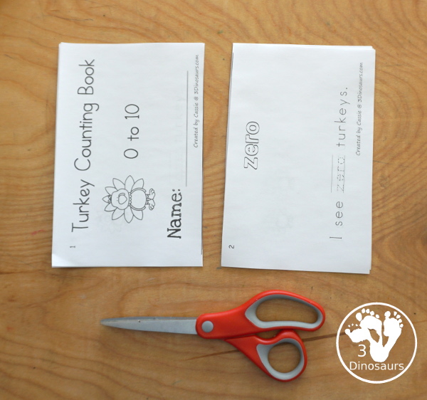 Free Turkey Number Word Counting Book Printable - how to cut the easy reader book - 3Dinosaurs.com