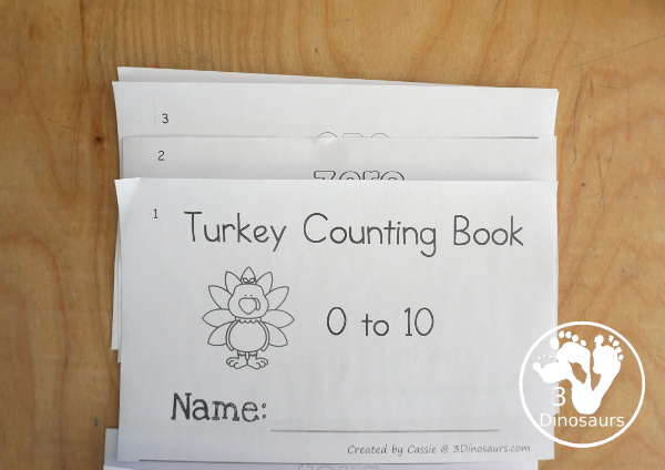 Free Turkey Number Word Counting Book Printable - how to put the pages of the book together - 3Dinosaurs.com