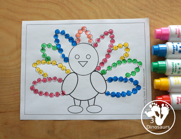 Free Turkey Fine Motor Mat Printable - with turkey tracing, turkey mat, turkey dot marker - with different options for the turkey - 3Dinosaurs.com