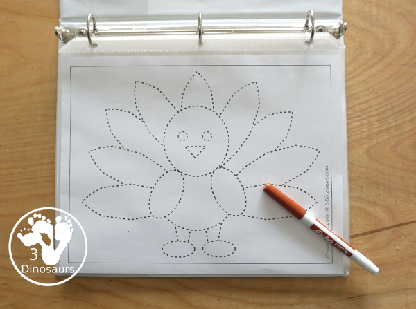 Free Turkey Fine Motor Mat Printable - with turkey tracing, turkey mat, turkey dot marker - with different options for the turkey - 3Dinosaurs.com