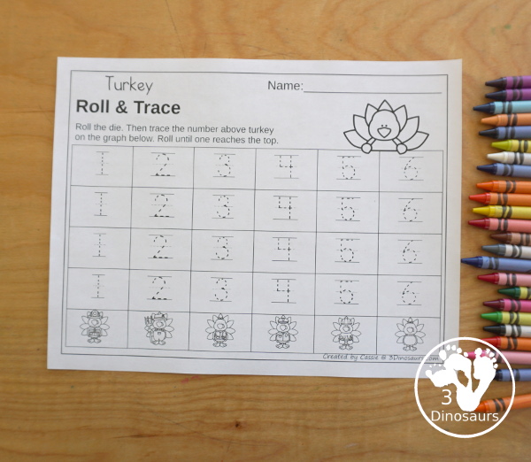 Turkey Roll & Graph With Trace Letters, Numbers & Shapes with a folding die and cube die with a graphing sheet, graphing with tracing numbers, graphing with tracing letters and graphing with tracing shapes. All with a fun turkey theme for Thanksgiving for prek and kindergarten - 3Dinosaurs.com