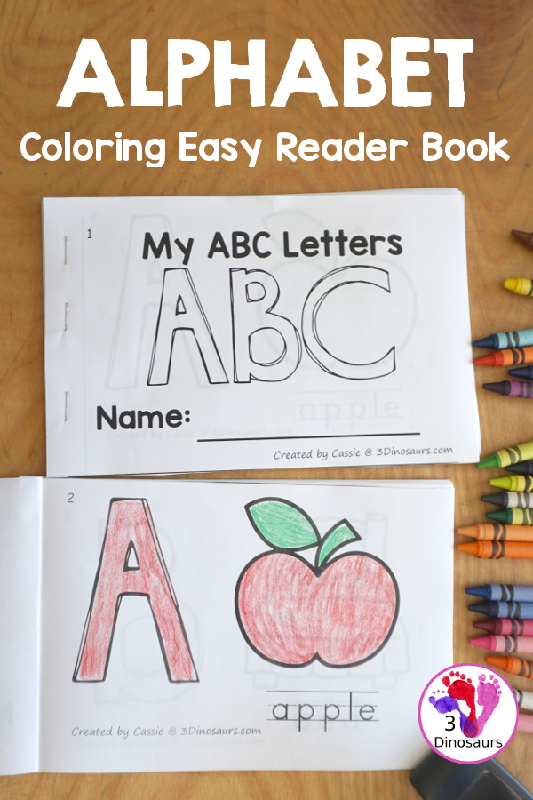 Free Alphabet Coloring Easy Reader Book Printable with all 26 letters of the alphabet with coloring the letter, coloring the picture and a word on each page for the picture - 3Dinosaurs.com
