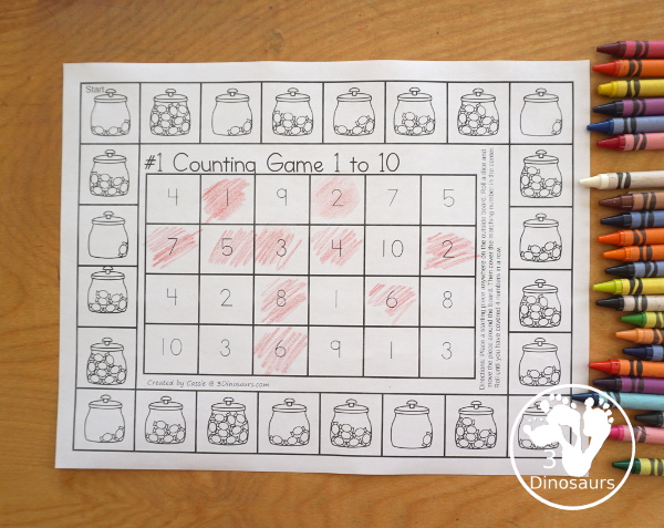 Free Candy Counting Game Numbers 1 to 10 Printables - You have two printable games with candy jars for kids to count the candy and find the matching number in the game to get four in a row.- 3Dinosaurs.com