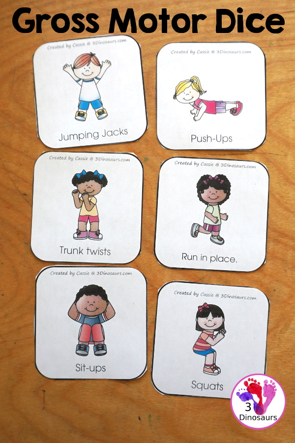 Free Gross Motor Movement Dice Printable - It has 6 gross motor movements to do with kids. And these can be loads of fun with a speed dice. - 3Dinosaurs.com