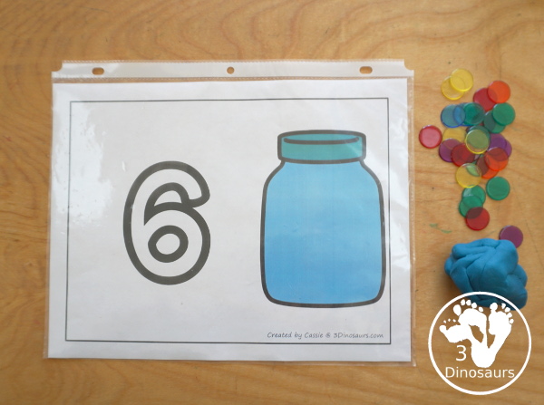 Free Number Playdough Mats with Counting  Printable: Numbers 1 to 20. You have a playdough number and a jar for counting up to that number - 3Dinosaurs.com