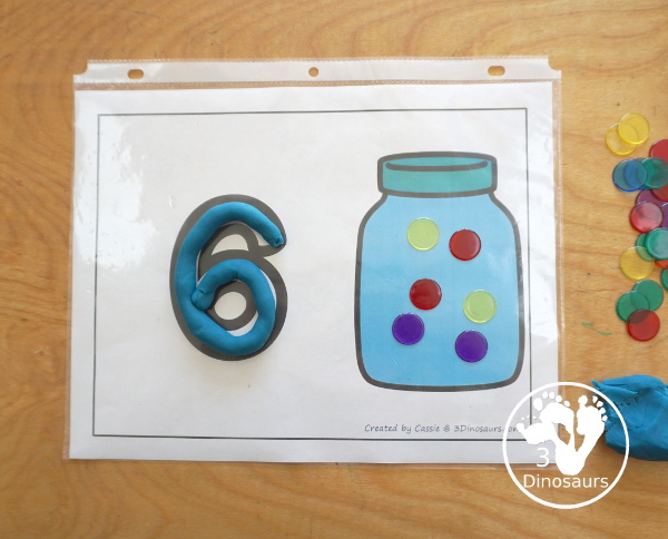 Free Number Playdough Mats with Counting  Printable: Numbers 1 to 20. You have a playdough number and a jar for counting up to that number - 3Dinosaurs.com