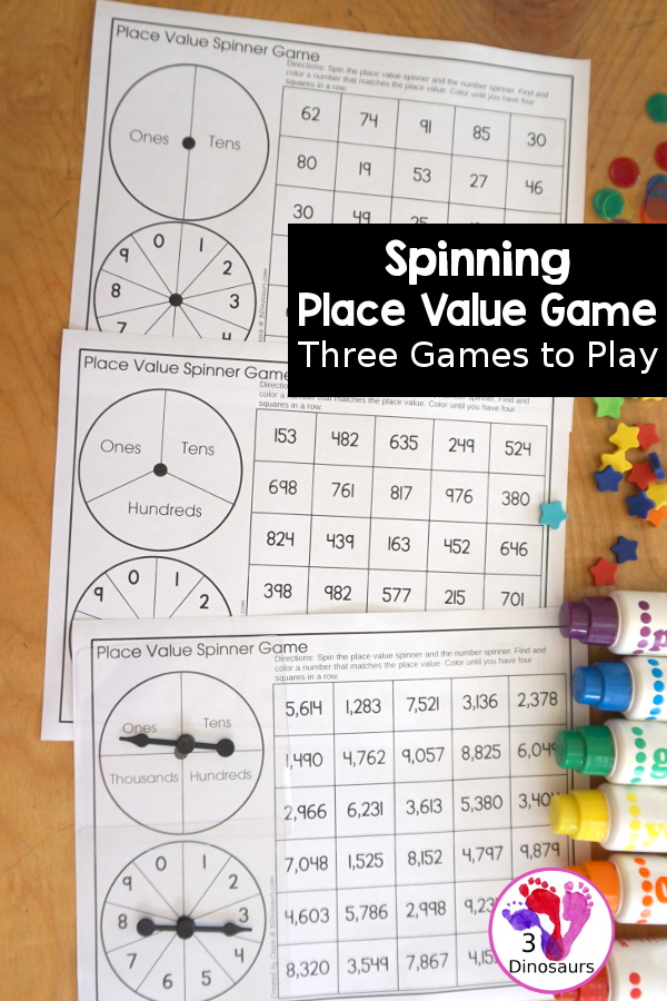 Free Spinning Place Value Game with Three Levels - tens and ones, hundreds, tens and ones; thousands, hundreds, tens and ones - You spin and find the number with the matching place value.- 3Dinosaurs.com