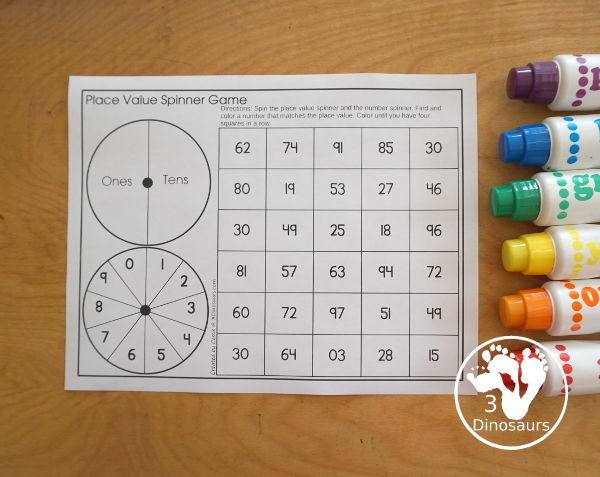 Spinning Place Value Game with Three Levels - tens and ones, hundreds, tens and ones; thousands, hundreds, tens and ones - You spin and find the number with the matching place value.- 3Dinosaurs.com