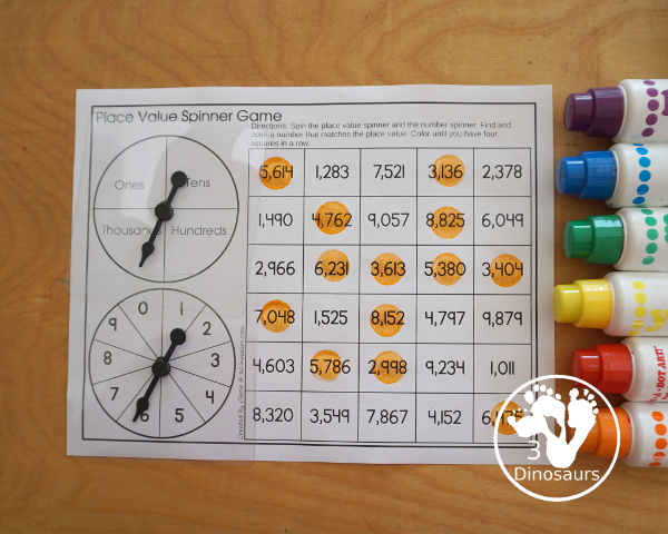 Spinning Place Value Game with Three Levels - tens and ones, hundreds, tens and ones; thousands, hundreds, tens and ones - You spin and find the number with the matching place value.- 3Dinosaurs.com