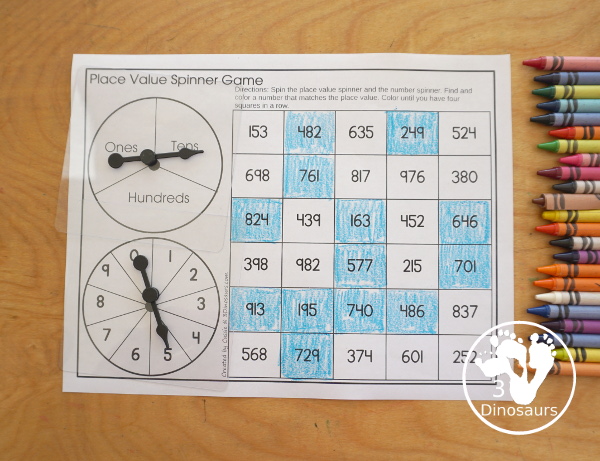 Spinning Place Value Game with Three Levels - tens and ones, hundreds, tens and ones; thousands, hundreds, tens and ones - You spin and find the number with the matching place value.- 3Dinosaurs.com
