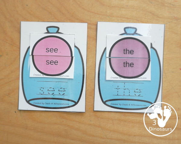 Free Preprimer Sight Word Gumball Puzzles with Match & Tracing - you have all 40 Dolch Preprimer sight words with two piece matching puzzles and candy jars for matching the sight words. - 3Dinosaurs.com