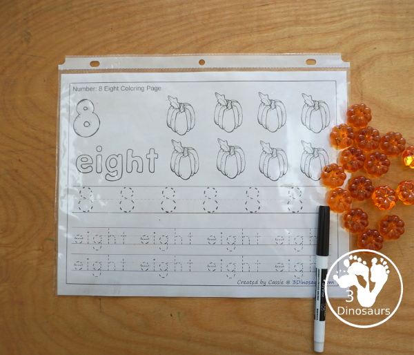 Free Pumpkin Number Color & Trace - Numbers o to 10 with counting the pumpkins and tracing the number and number word for each number with 11 pages of printables for prek and kindergarten - 3Dinosaurs.com