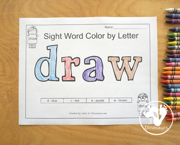 Free Romping & Roaring Third Grade Sight Words Packs Set 2: Clean, Cut, Done, Draw - 6 pages of activities for each third Grade sight words: clean, cut, done, draw. These are great for easy to use learning centers - 3Dinosaurs.com