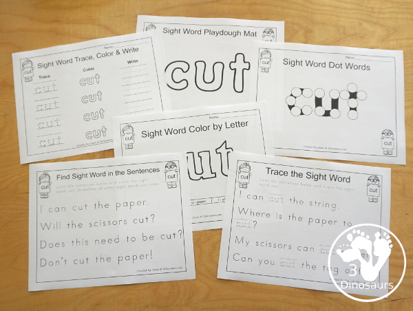 Free Romping & Roaring Third Grade Sight Words Packs Set 2: Clean, Cut, Done, Draw - 6 pages of activities for each third Grade sight words: clean, cut, done, draw. These are great for easy to use learning centers - 3Dinosaurs.com