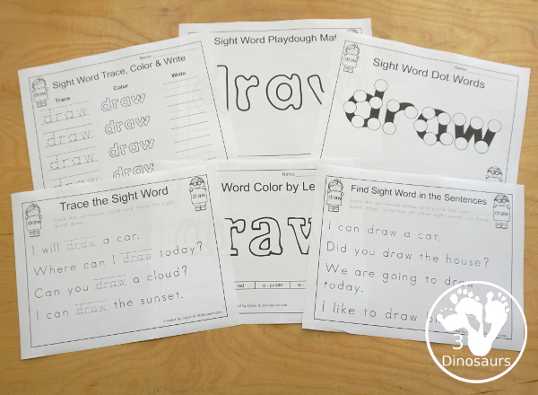 Free Romping & Roaring Third Grade Sight Words Packs Set 2: Clean, Cut, Done, Draw - 6 pages of activities for each third Grade sight words: clean, cut, done, draw. These are great for easy to use learning centers - 3Dinosaurs.com