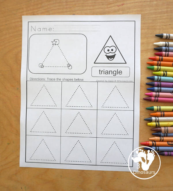 Shape Tracing worksheets with a guide to show how to trace the shapes and 9 shapes to trace. - 3Dinosaurs.com
