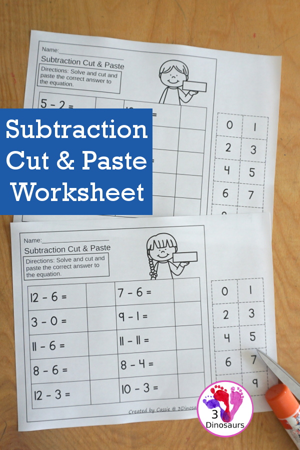 Free Subtraction Cut & Paste Worksheet - 4 worksheets with subtraction from 9 to 0 answers with numbers from 1 to 10. You have cut and paste the answers to solve the subtraction problems - 3Dinosaurs.com