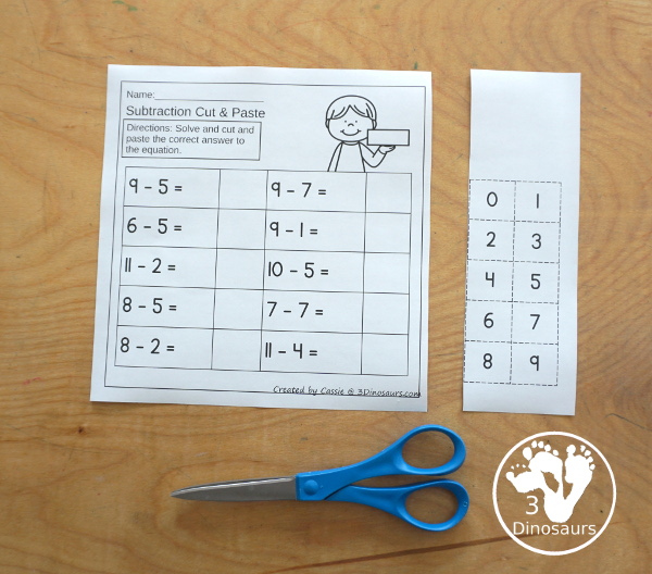Free Subtraction Cut & Paste Worksheet - 4 worksheets with subtraction from 9 to 0 answers with numbers from 1 to 10. You have cut and paste the answers to the subtraction problems - 3Dinosaurs.com